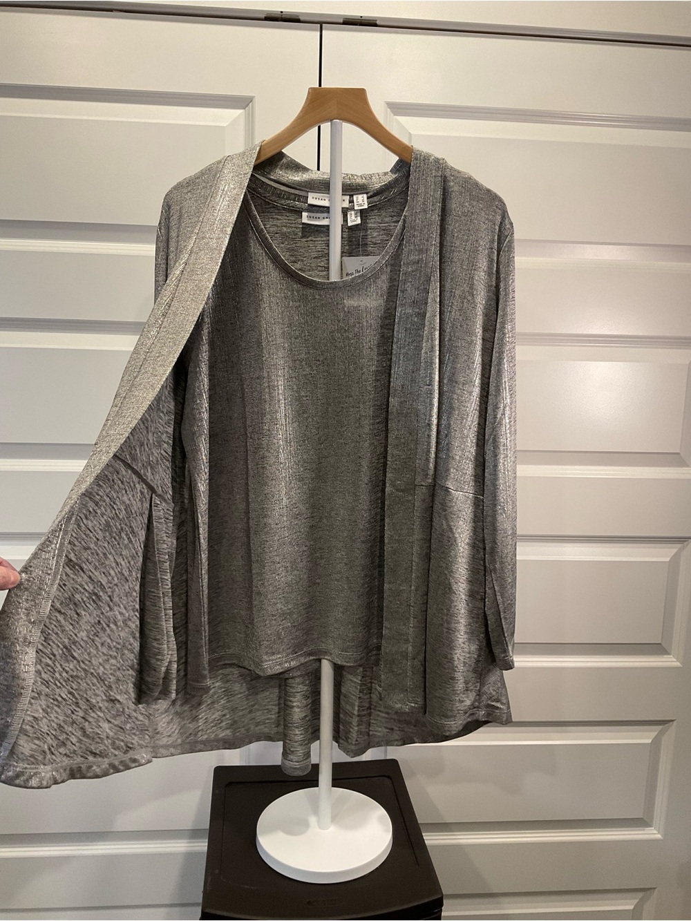 Susan Graver Silver-Gray Metallic Open-Front Cardigan and Tank Set